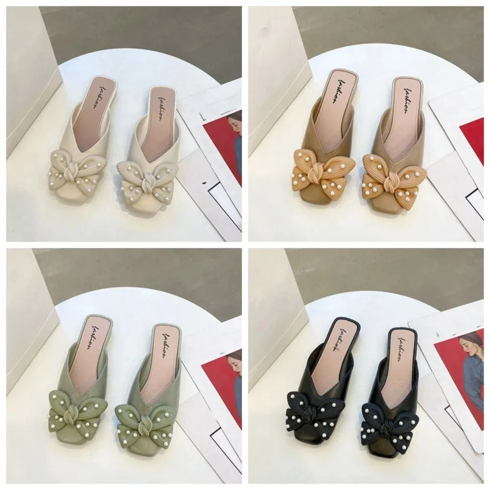 Korean Style Anti Slip Leather Slippers Women Pearl Beads Shoes Slides Sandals Soft Soled Sweet Bowknot Flat Slippers Ladies