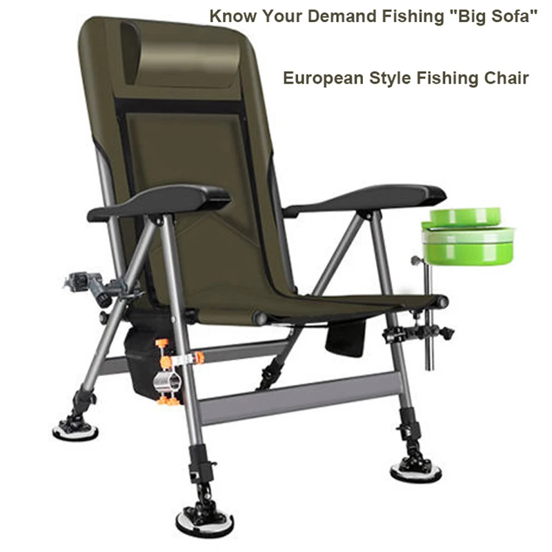 ArmyGreen-silla de pesca para exteriores, sillón reclinable plegable de cuatro patas, ajustable, portátil, estilo europeo, multifunción