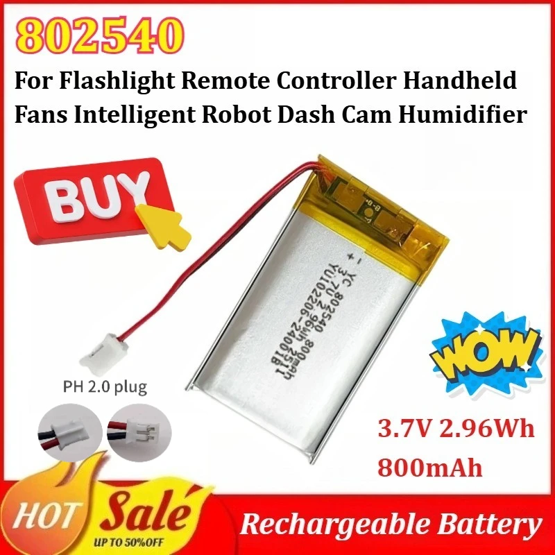 

4PCS-20PCS 802540 3.7V 800mAh Lipo Battery for Flashlight Remote Controller Handheld Fans Intelligent Robot Dash Cam Humidifier