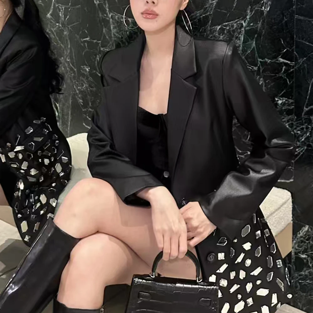 TWOTWINSTYLE Solid Spliced Diamonds Slimming Jackets for Women Lapel Long Sleeve Tunic Tempweament Coat Female Fashion