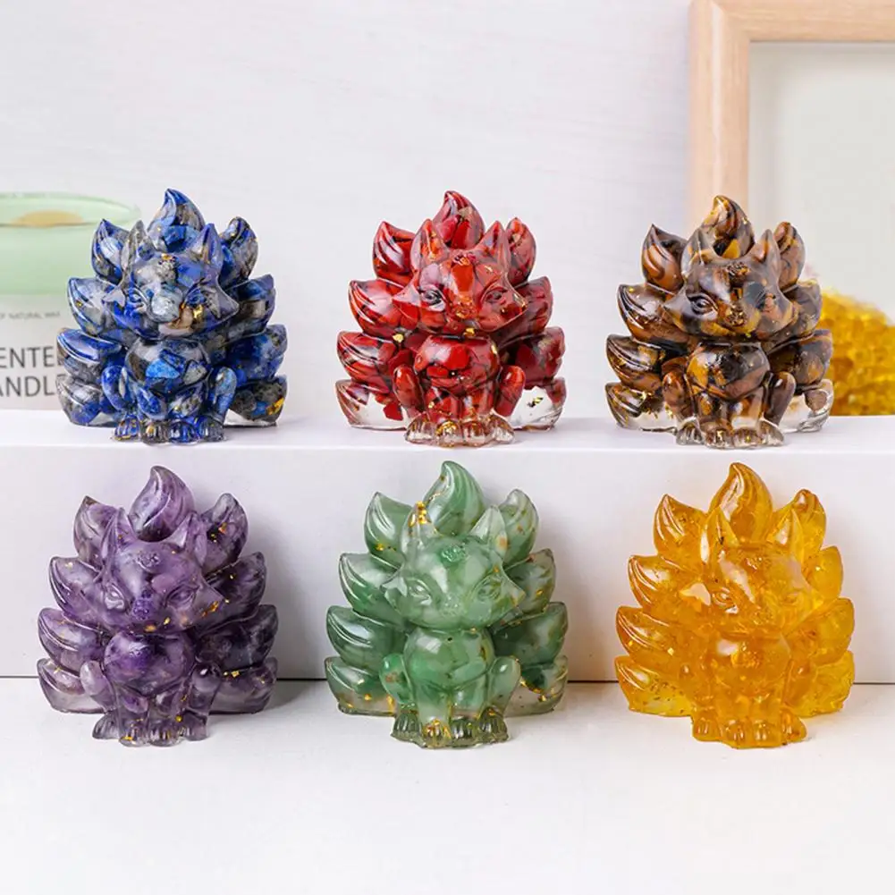 Foxes Figurine Hand-carved Colorful Natural Stone Nine-tailed Foxes Statue Positive Faux Crystal Sitting Animal Statue