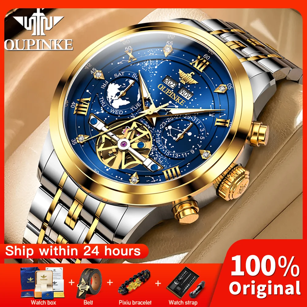 

OUPINKE 3255 Mens Watch Original Automatic Multifunctional Chronograph Mechanical Watch Starry Sky Dial Waterproof Luminous