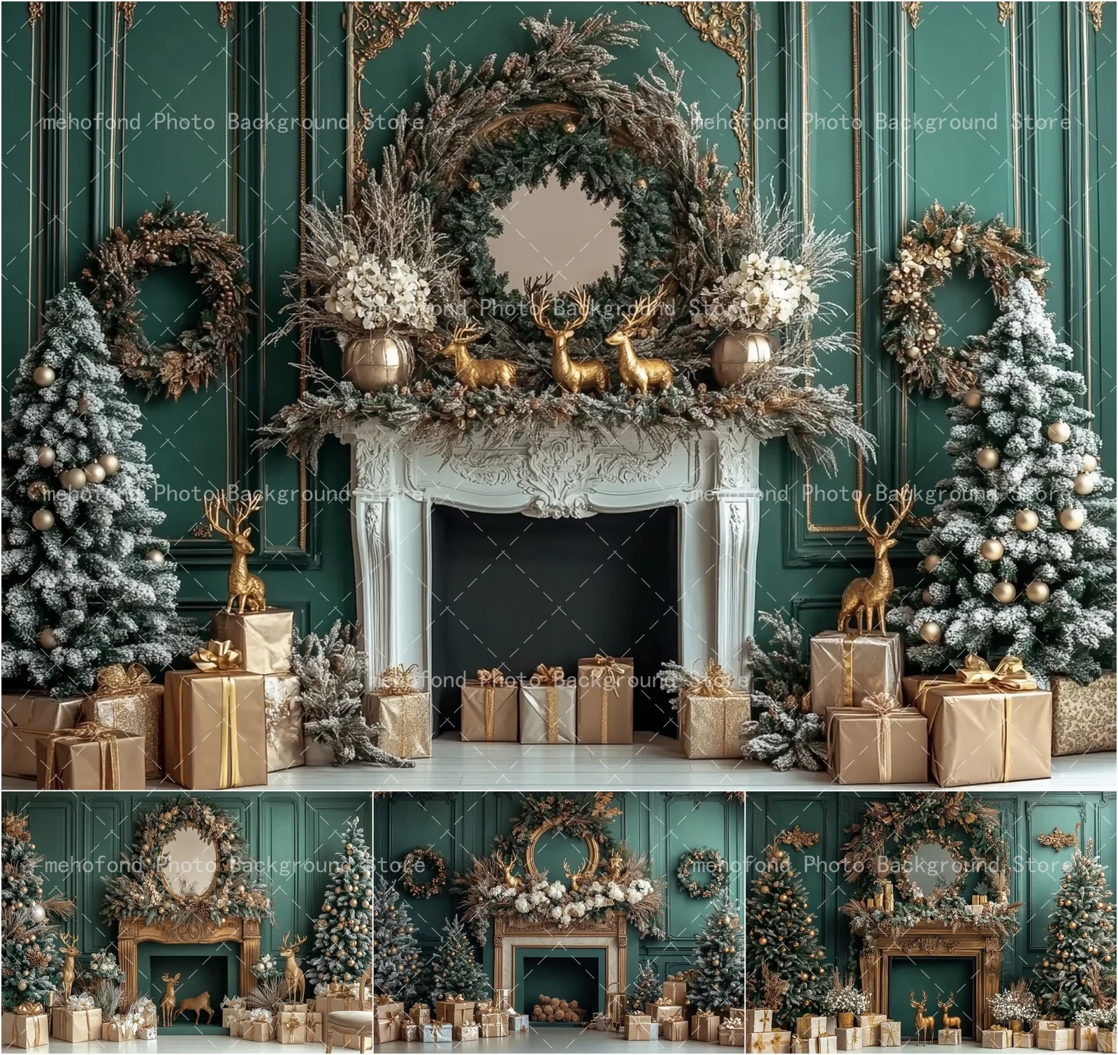 Mehofond Photography Background Christmas Tree Dark Green Wall Gift Box Fireplace Golden Deer Kid Family Portrait Backdrop Decor