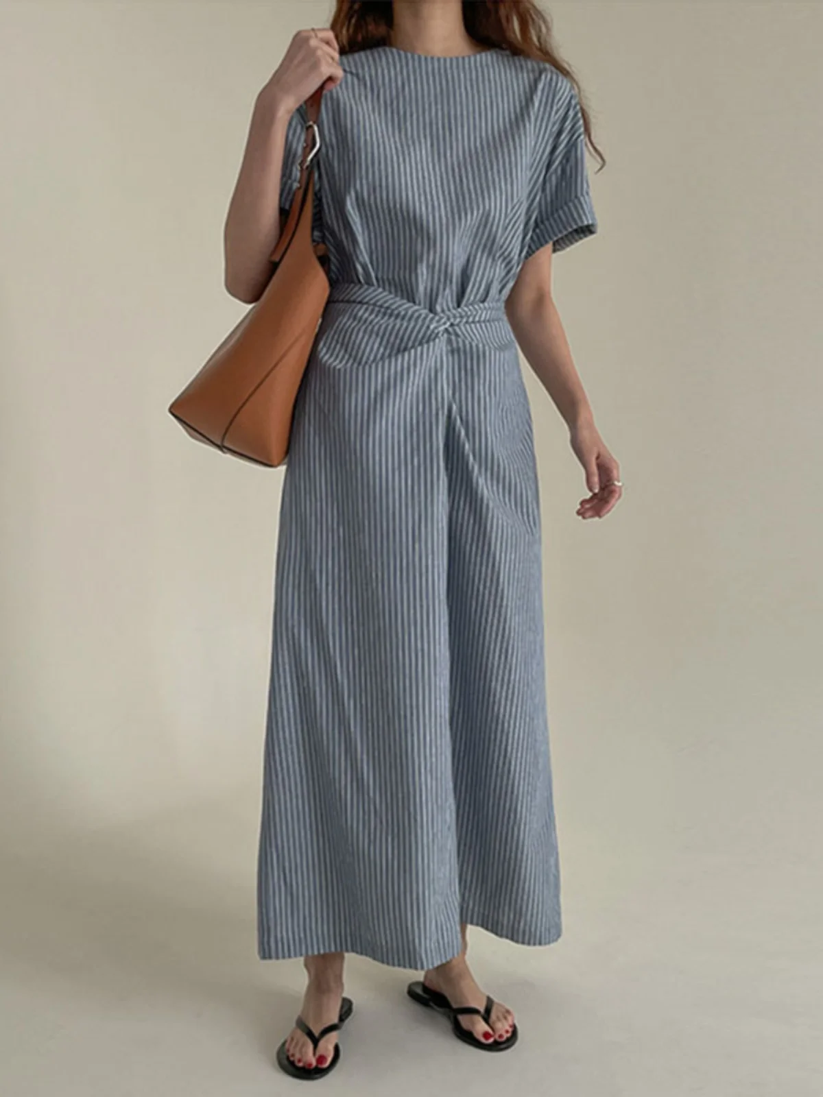 Clothland-vestido de lino y algodón a rayas para mujer, elegante vestido Midi de manga corta con fajas, cintura elástica, una pieza, QD804