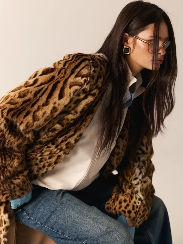 Womens Leopard Print Long Faux Fur Coat Warm Fluffy Open Front Pockets Cozy Jacket Fall Winter Party Daily Streetwear Outerwear