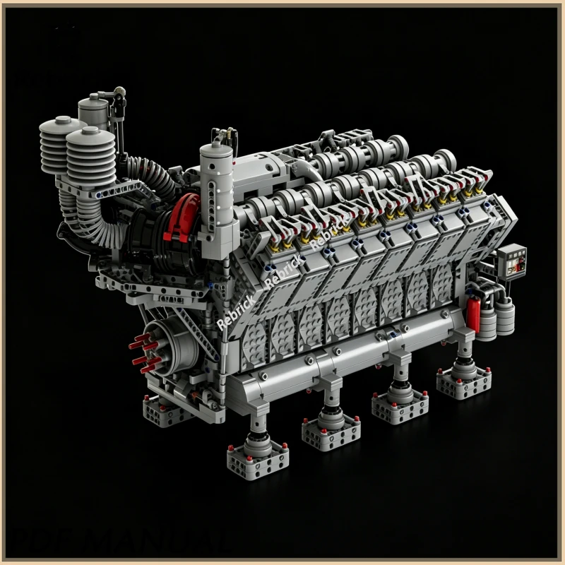 MOC V16 Diesel Engine Technical Bricks, Realistic Mechanical Power Engine Structure, Heavy Industrial Machinery Building Blocks