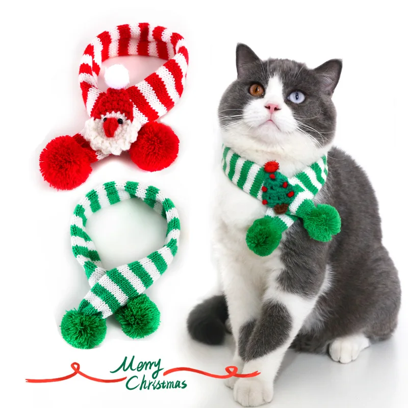 Accesorios de disfraz de Papá Noel para mascota, bufanda de árbol de Navidad de punto a rayas para cachorro de perro, bufanda de lana ajustable para gato, bufanda cálida para el cuello