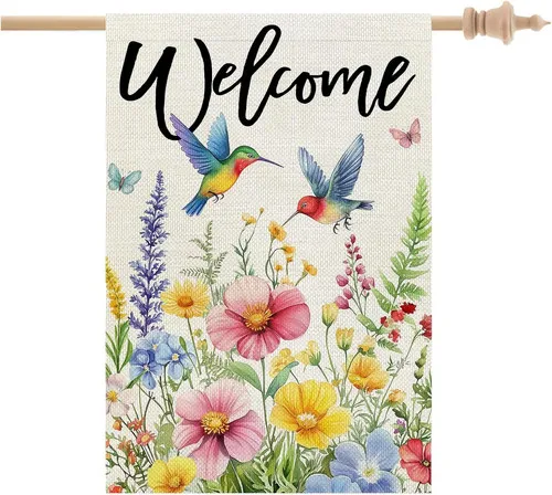 CROWNED BEAUTY Spring House Flag Floral Hummingbirds Double Sided 28x40 Inches ZZY