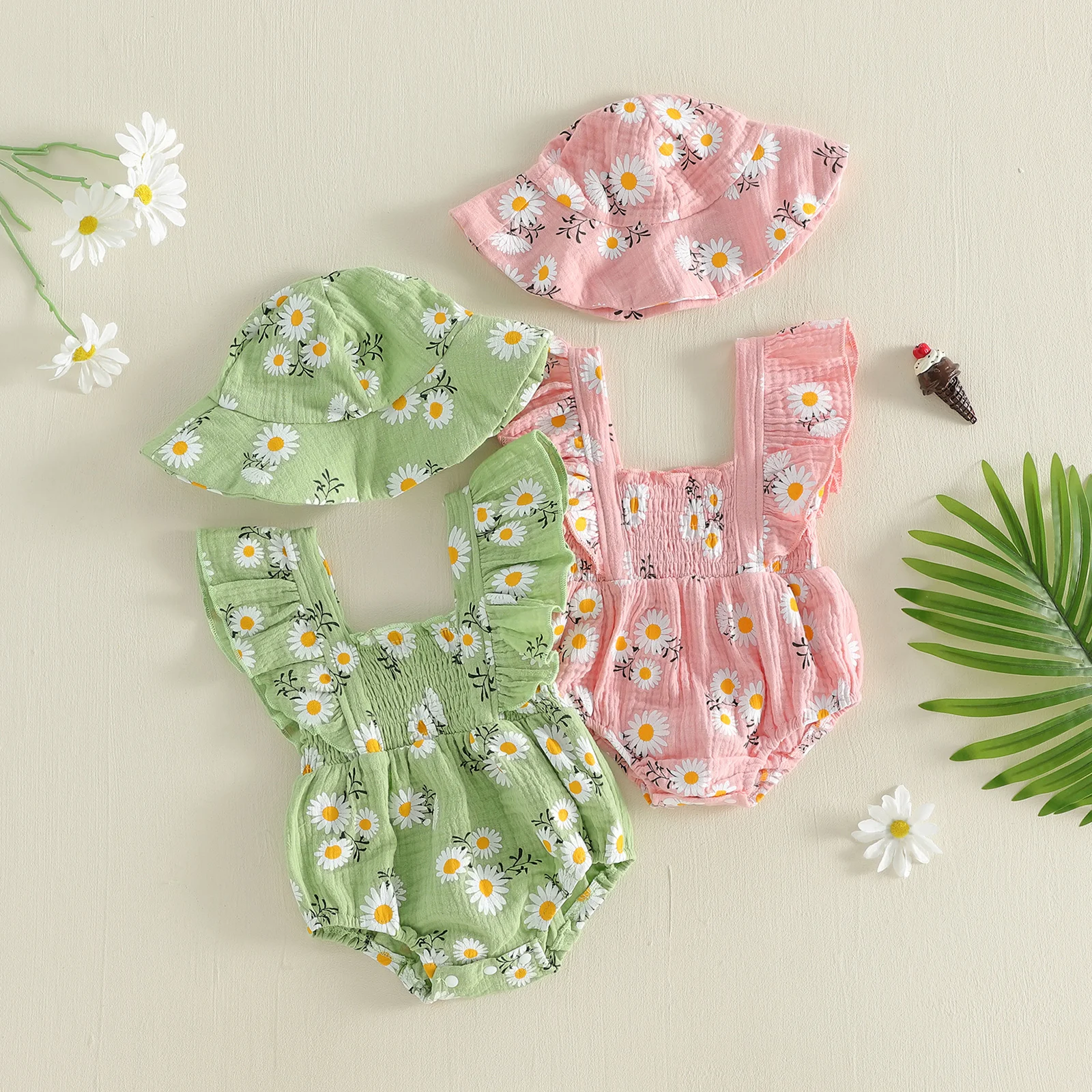 2Pcs Infant Baby Girl Outfit Flying Sleeve Square Neck Floral Print Smocked Romper and Hat Set 0-18M