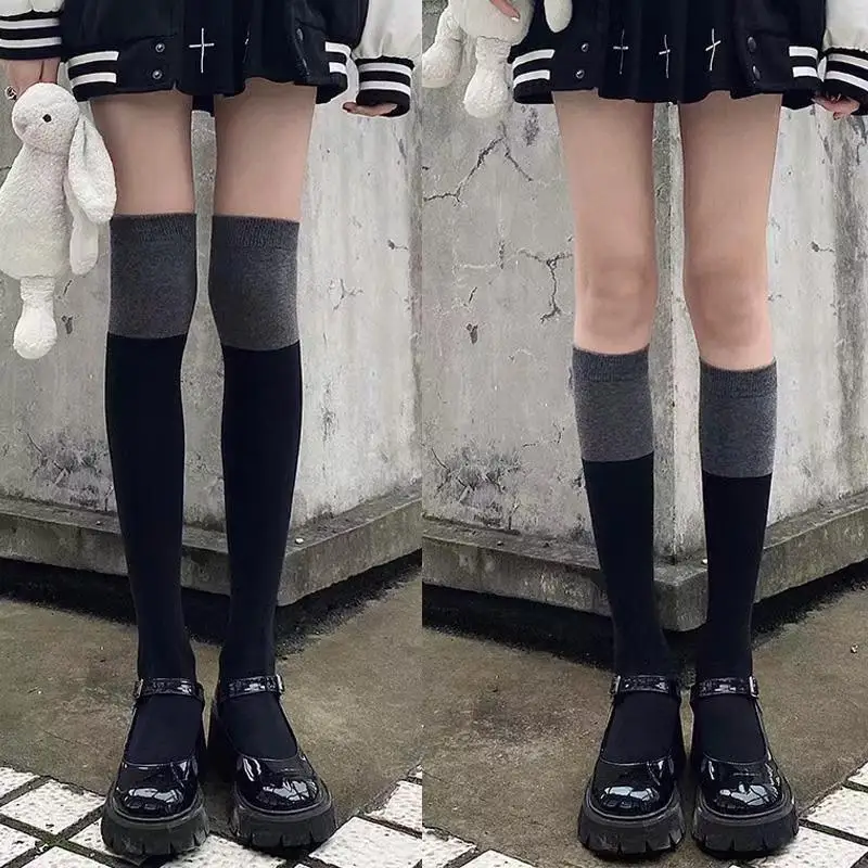 Women's Socks Autumn Creative Color Matching Calf Socks Black and Gray Panel College Style Stockings Ins Fashion Knee Socks