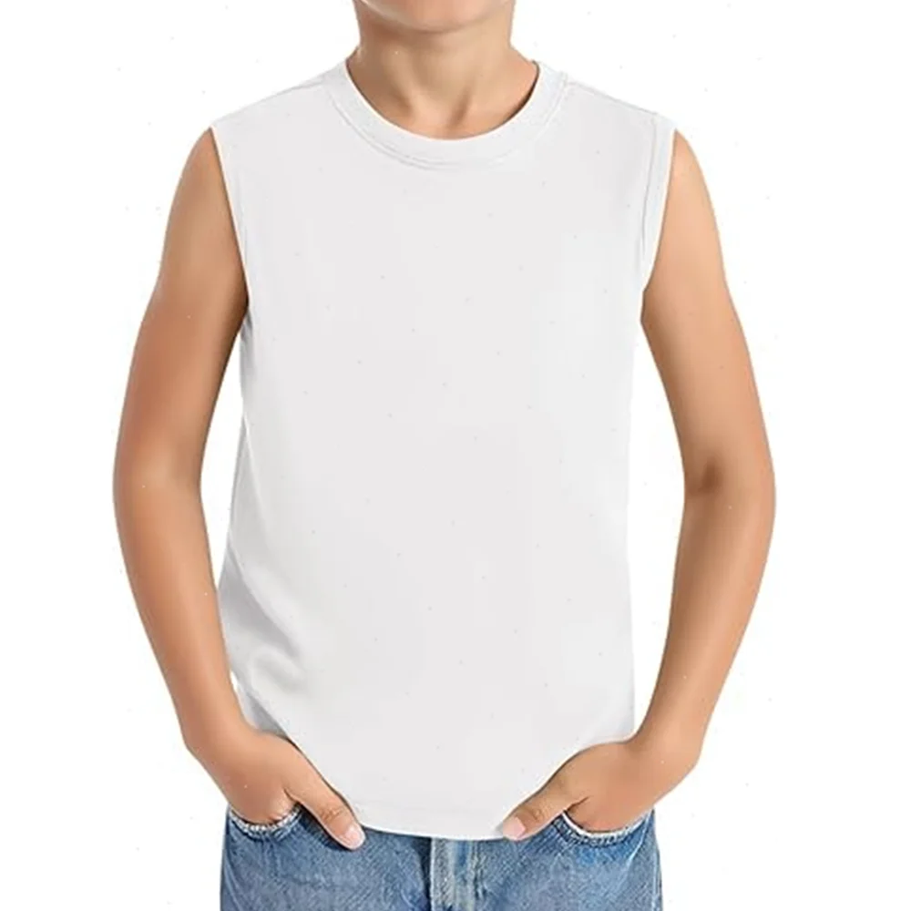 Sommer-T-Shirts für Kinder, Jungen und Mädchen, ärmellose, einfarbige T-Shirts, 100 % Baumwolle, bequeme Kinder-Tanktops, Kleidung, Weiß, 3–14 Jahre – Detail 6