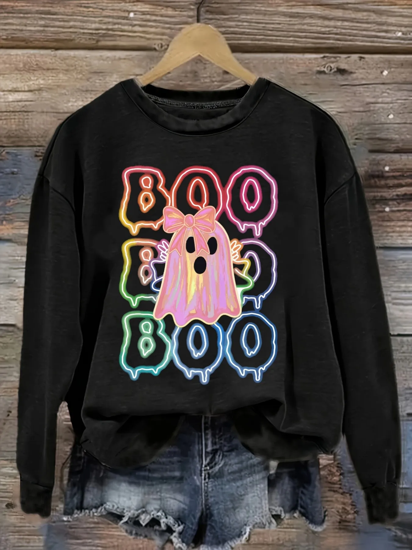 Women's Casual Long Sleeve Crew Neck T-Shirt Rainbow Boo Ghost Print Design Design, Round Neck Women's Clothing, Machine Washable, Slightly Elastic, Loose Fit, Spring Autumn Winter Women's T-Shirt, Halloween Costume Outfit