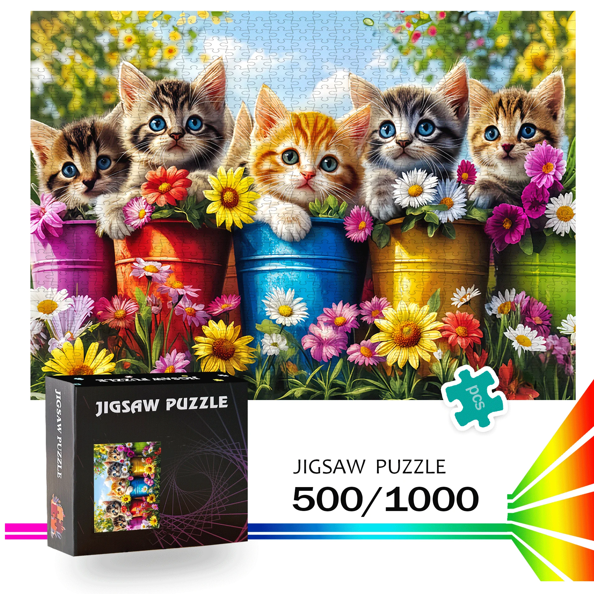 500/1000pcs Jigsaw Puzzle with Cute Kittens & Floral - Challenging Large Jigsaw Puzzle for Adults & Families, Vibrant Colors,