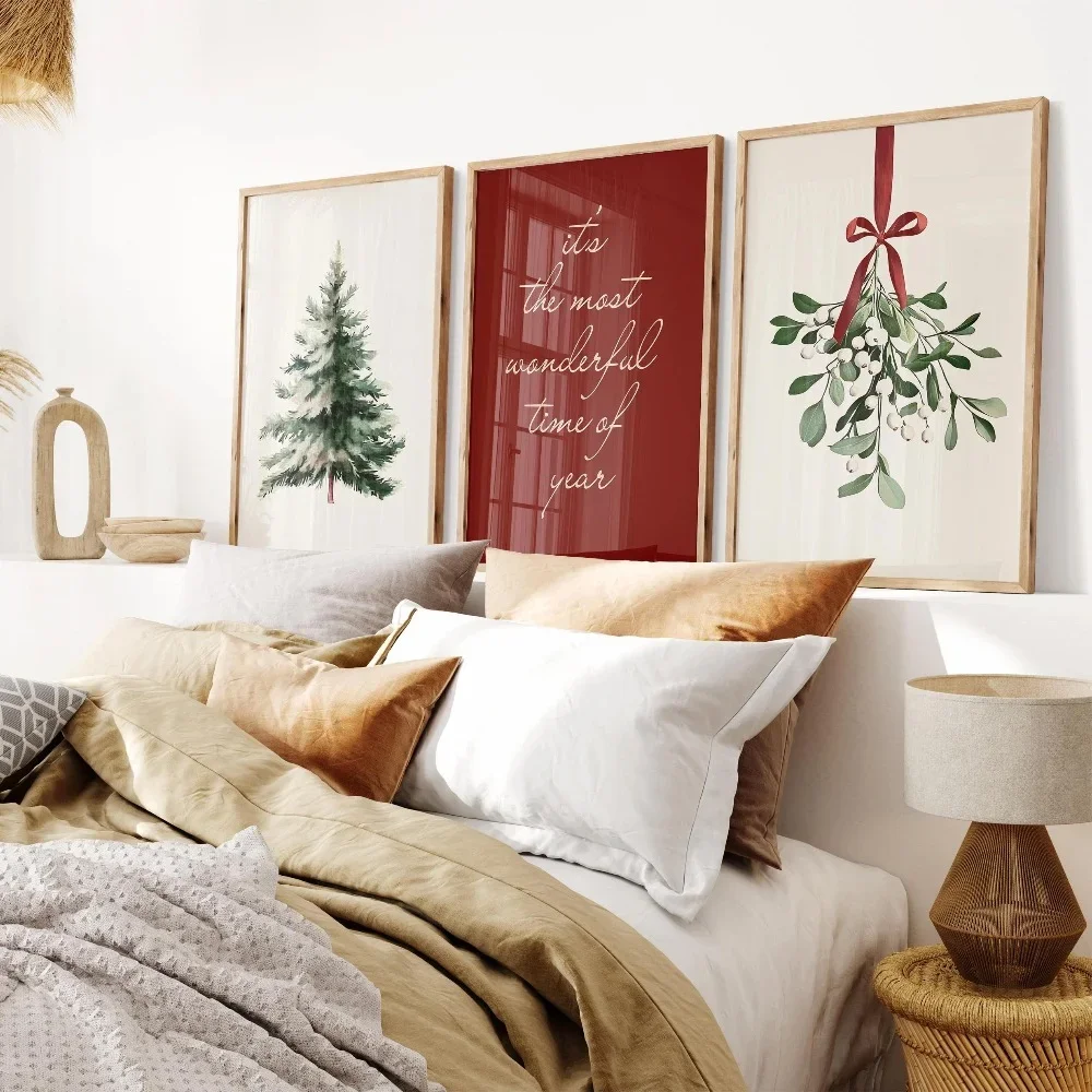 Christmas Simple Watercolor Pine Tree Red Slogan Poster, Bohemian Farmhouse Bedroom Living Room Holiday Wall Decoration