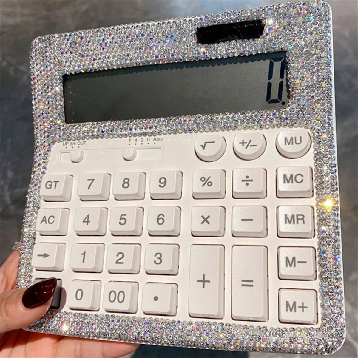 BISMZ Taschenrechner mit Strass-Kristall, Standard-Tischrechner, LCD-Display, batteriebetriebener und solarbetriebener glänzender Taschenrechner