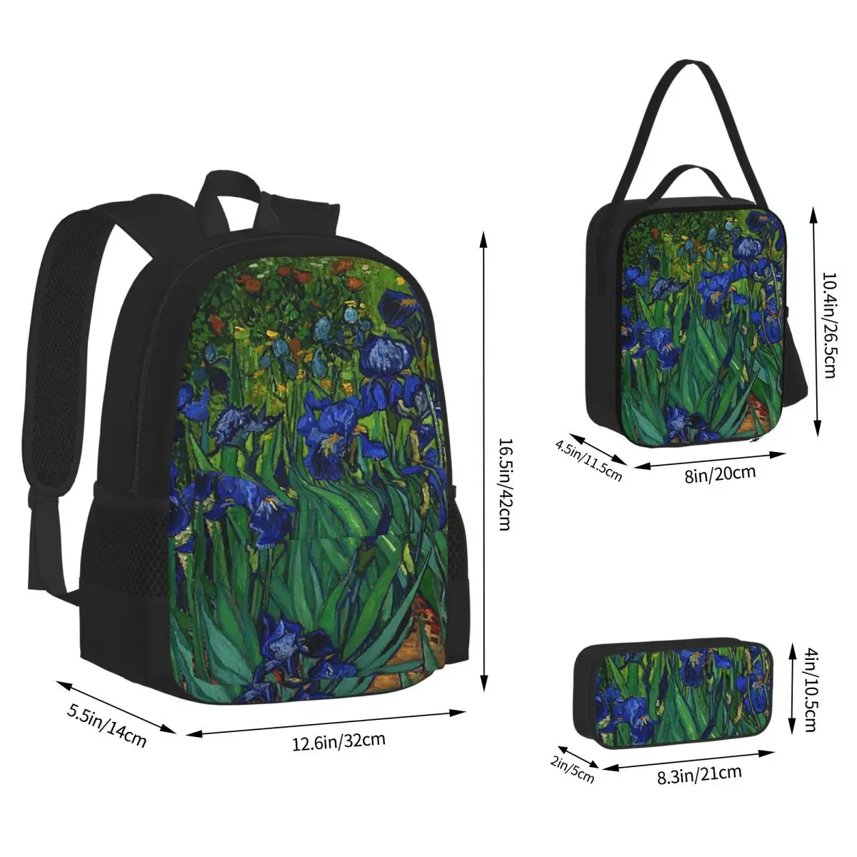 Vincent Van Gogh Irises Art Flowers Backpacks Boys Girls Bookbag School Bags Children Rucksack Lunch Bag Pen Bag Three-Piece Set