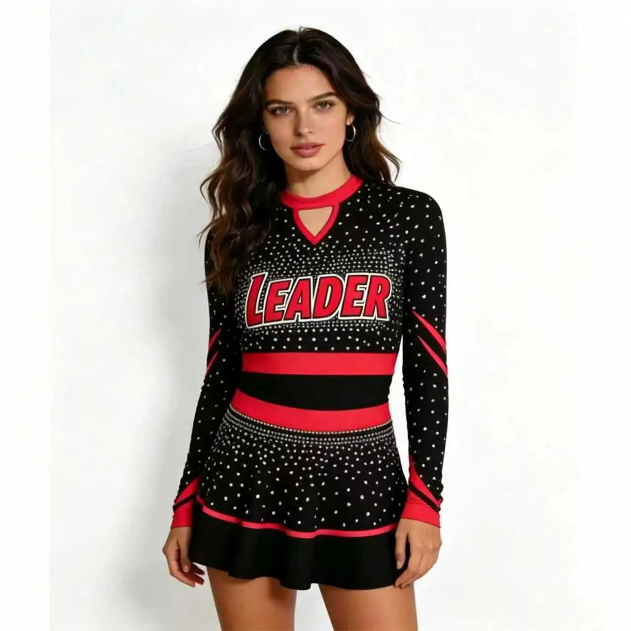 Sparkly Rhinestone Cheerleading Costume Women Long Sleeve Leader Cheer Uniform Dress Black Red Cheerleader Outfit Performance