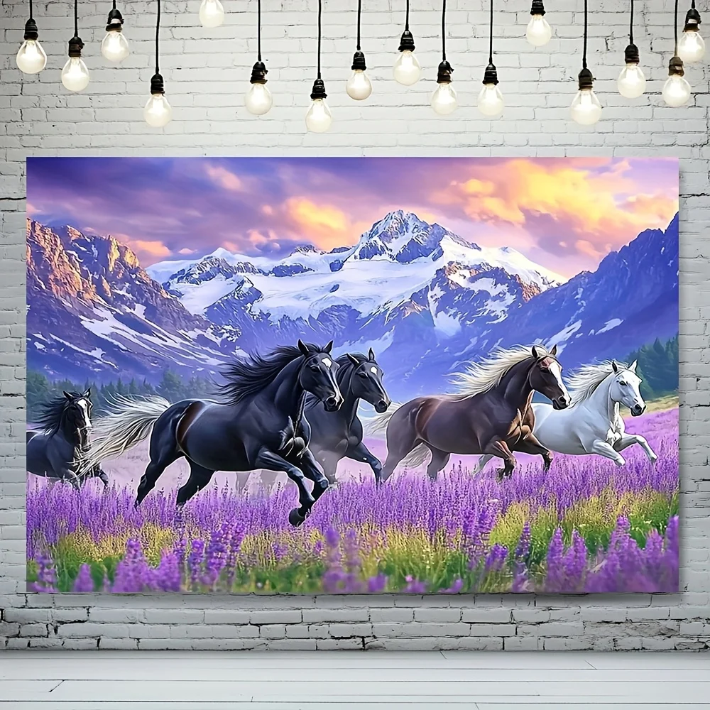 Running Horses In Purple Flower Field With Snowy Mountains Background Wall Mural For Living Room Decor
