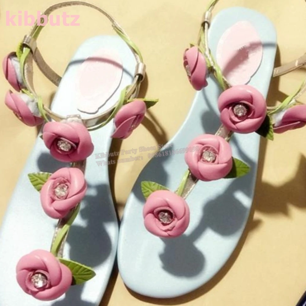 Pink Roses Blue Sandals Delicate Genuine Leather Mixed Color Clip-Toe Flat With Fashion Elegant Sexy Party Dress Women Shoes New