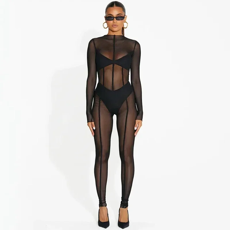 

Sexy Transparent Mesh Jumpsuit For Women O-Neck Long Sleeve Bodycon Jumpsuit See Through Bodysuit Nightclub