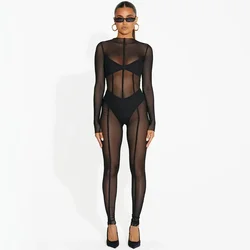 Sexy Transparent Mesh Jumpsuit For Women O-Neck Long Sleeve Bodycon Jumpsuit See Through Bodysuit Nightclub