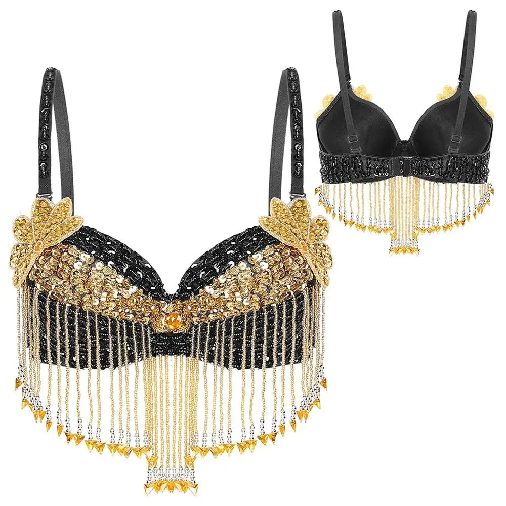 Beaded Tassels Belly Dance Tops Adjustable Straps Shiny Sequins Bra Nightclub Stage Show Costumes For Thailand/India/Arab