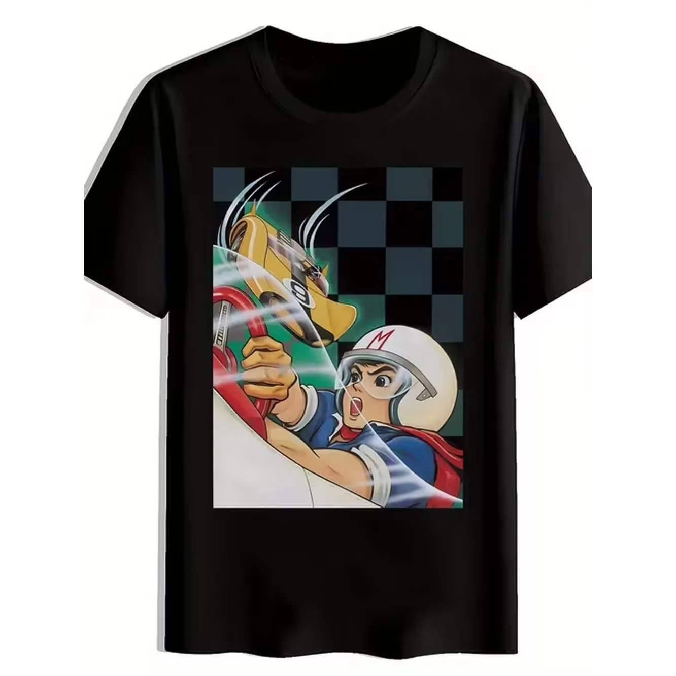 Black Casual T Shirt For Plus Sizes With A Graphic Print Of An Animated Racing Scene Showcasing A A And Red Cape Along Race Car And A Stylish Ideal For Fans Of Anime And Cartoon Racing For Teenager