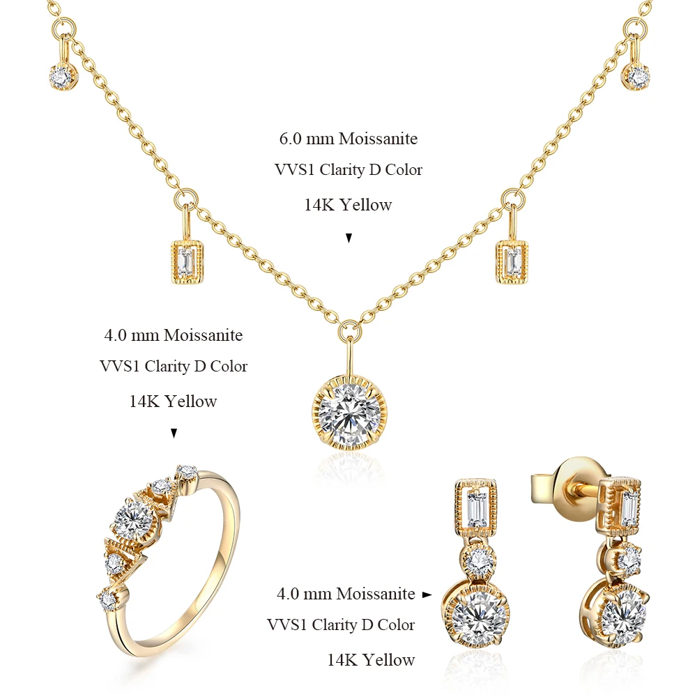 ATTAGEMS Diamond Moissanite Jewelry Set Solid 10k 14k 18k Yellow Gold for Women Moissanite Earrings Necklace Ring Engagement New