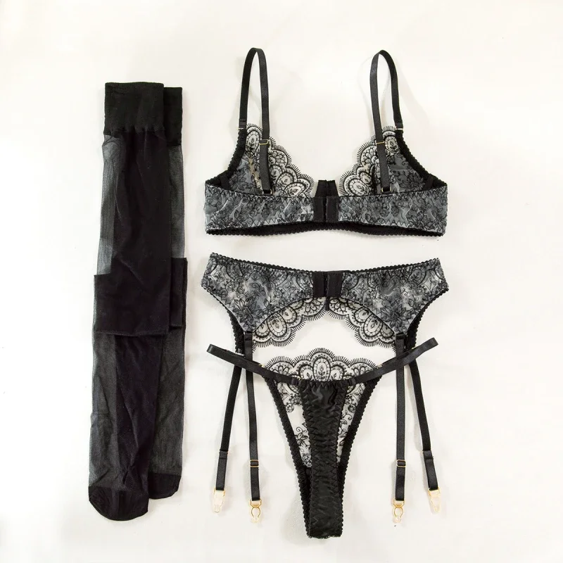 Bikini Embroidered Bra Lingerie Hollow Three-Point Backless Women's Sexy Lingerie with Stockings