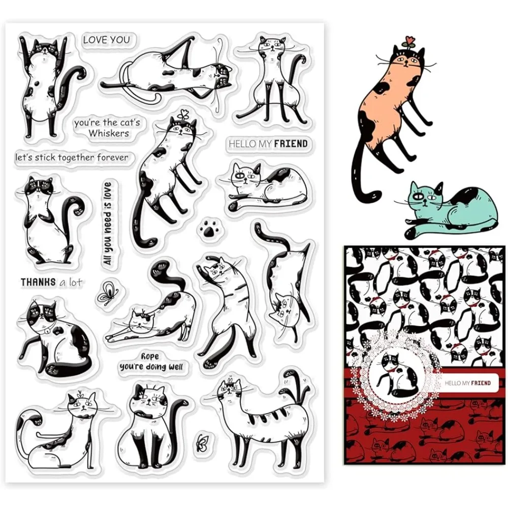 Cat Pattern Clear Stamps, Cute Animal Blessing Words Tranparent Rubber Stamps for DIY Scrapbooking Stamps Card Making Decoration