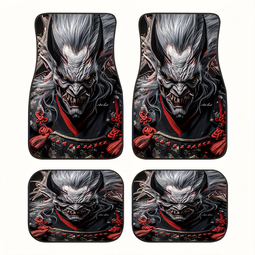 4pcs Evil Samurai Demon Pattern Car Footrest Set | Universal Front & Rear Floor Mats, Japanese Dark Style Monster Print, Polyest
