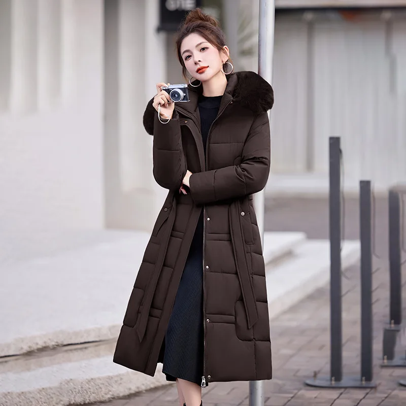 

Winter Fashionable Slim Fit Long Down Coat Women's Thick Warm Coat Cotton Large Fur Collar Jacket Belted Hooded Outwear