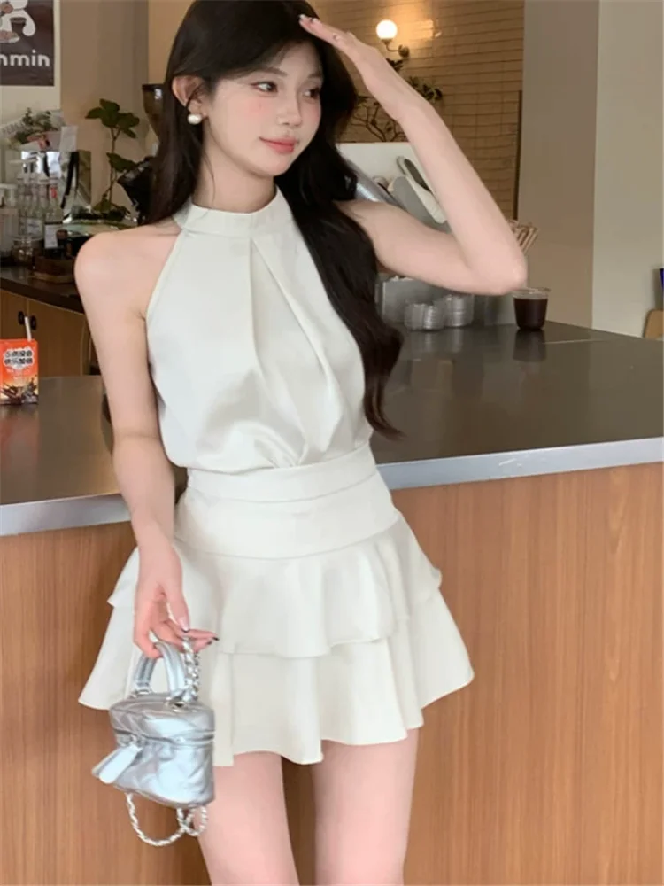 Black Apricot Satin Women Fashion 2 Pieces Sets New Summer Halter Shirt Top&A Line Mini Skirt Small Girl Two Pieces Dress Suits