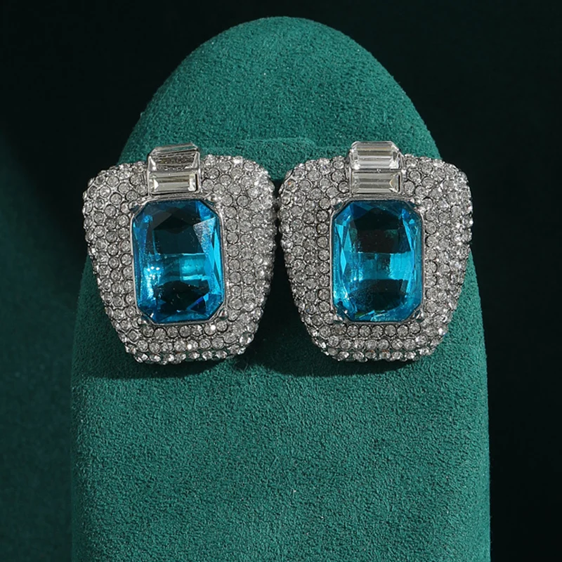 

Vintage Square Crystal Earrings Luxury Designer Sea Blue Natural Stone Rhinestone Accessories Wedding Jewelry Trend 2025 New
