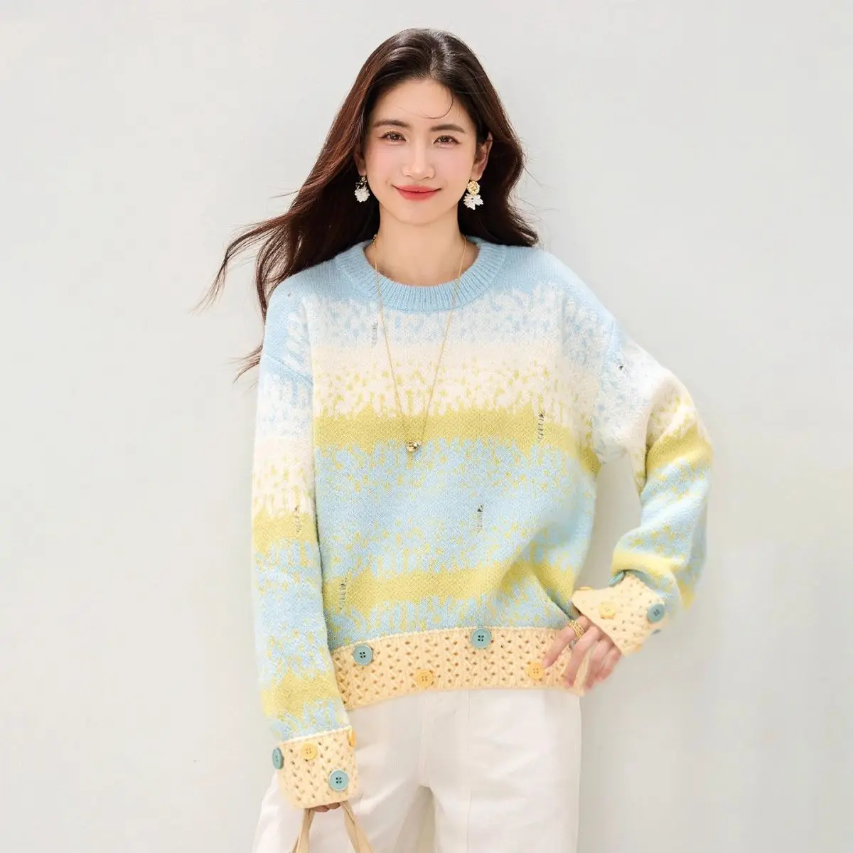 Colorful Tie Dye Knit Sweater With Button Detailing For Spring And Autumn Women Casual Sweet Style Loose Fit Short Length O Neck