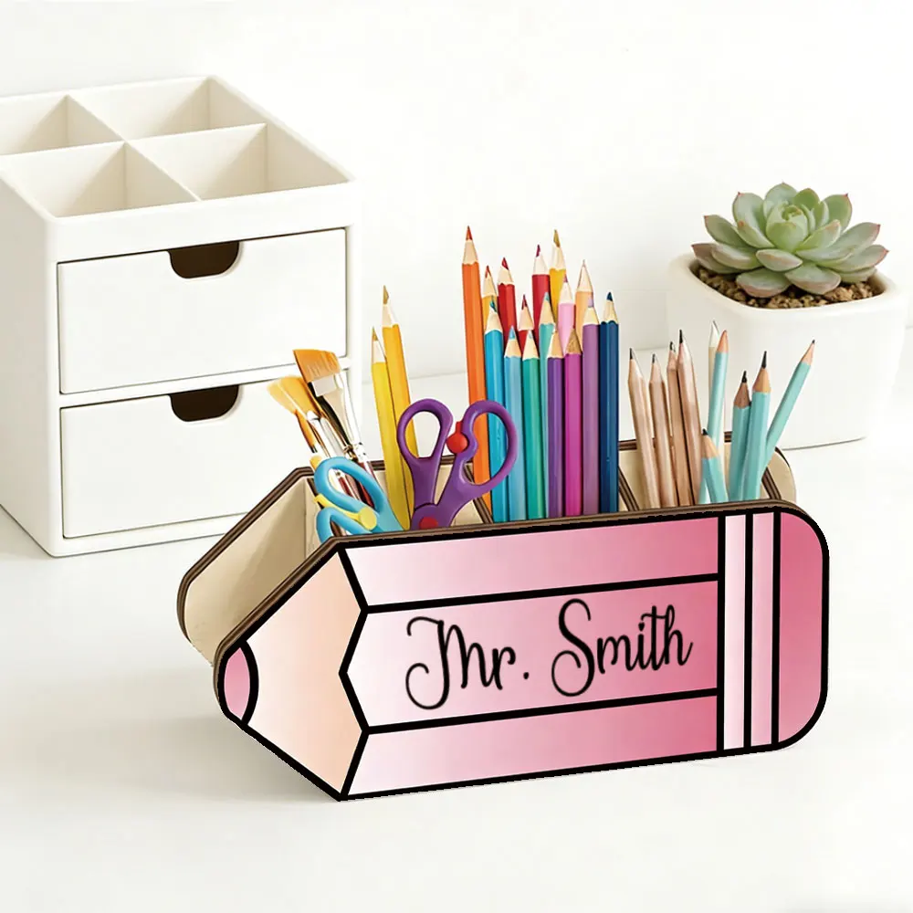Personalized Rainbow Pencil-Shaped Desktop Storage Box, Customizable with Text Design, Stationery Storage