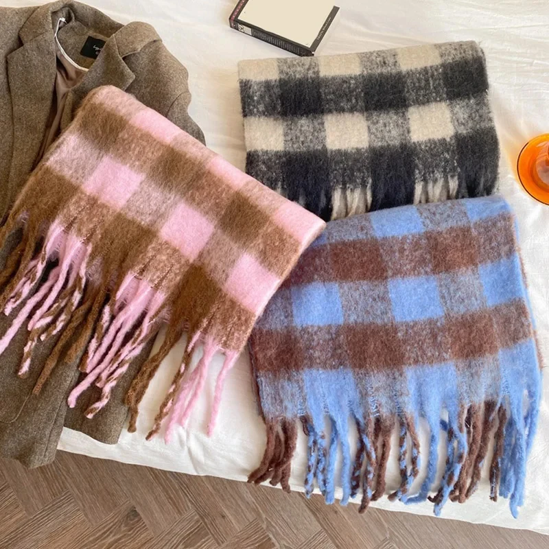 Reversible Plaid Scarf with Knitted Texture and Mohair Blend Material 200 cm Long for Men and Women Winter Use