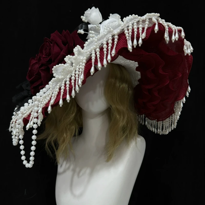 

Burgundy Handmade Lace Hats Vintage Bandage Bow Wizard Hat Adult Gothic Lolita Cosplay Costume Holiday DIY Widow's Hat