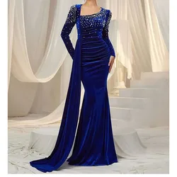 Royal Blue Velvet Evening Dresses Luxury Crystal Square Color Floor Length Sweep Train Prom Gowns Pretty Women Party Dress