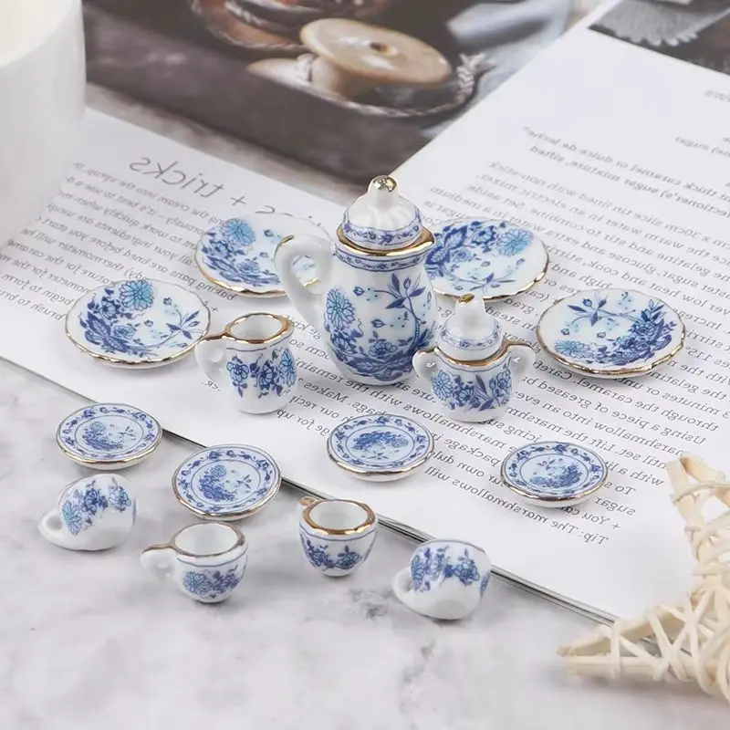 15Pcs 1:12 Dollhouse Miniature Tableware Porcelain Ceramic Tea Cup Set Model Kitchen Accessories For Doll House Decor Toys Gift