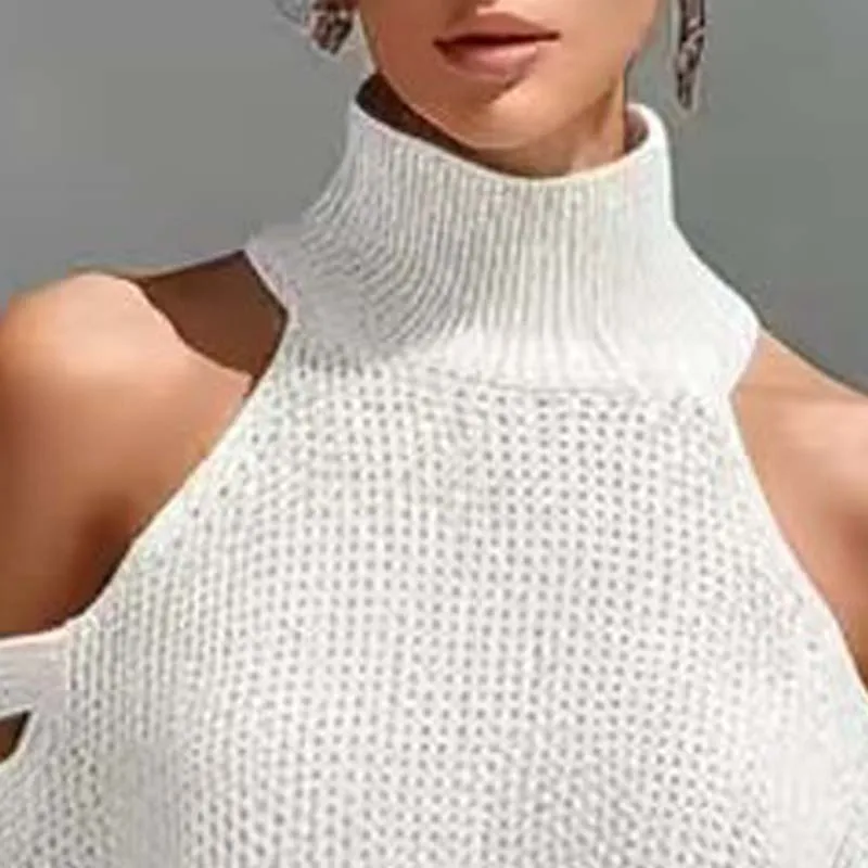 

2026 High Neck Knitted Hollowed Out Off Shoulder Top and Wide Leg Pants Women's Casual Two-piece Suit Streetwear Holiday 2026