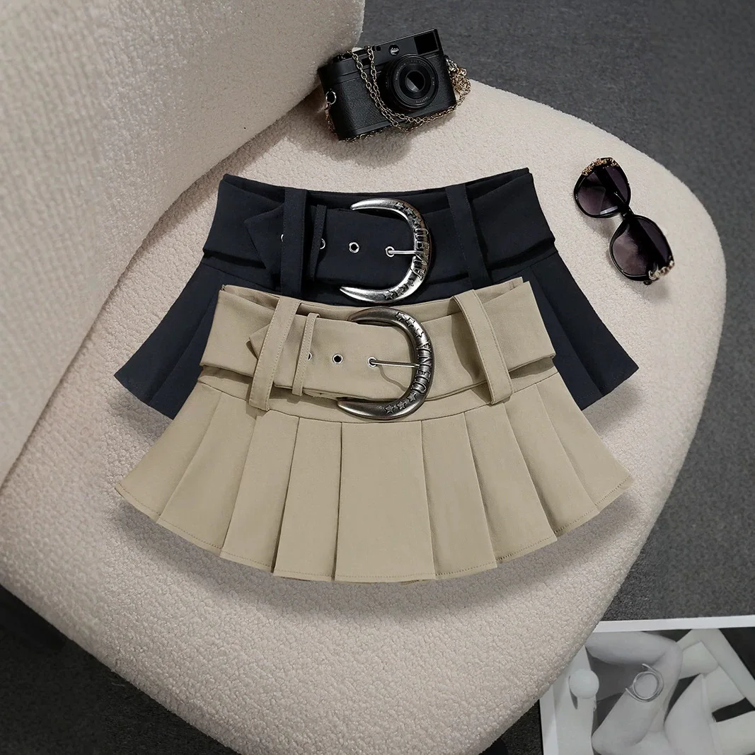 With Wide Belt Khaki Low Waist Mini Skirt 2026 Summer New Design Sense Anti-light Pleated Skirt