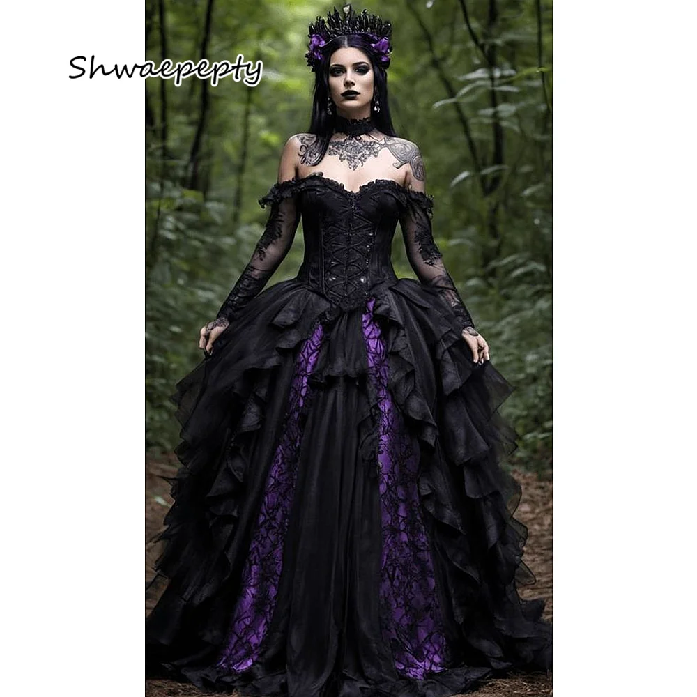 

Purple And Black Gothic Wedding Dresses Vampire Steampunk Off Shoulder Long Sleeves Vintage Victorian Women Dress Customized