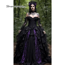 Purple And Black Gothic Wedding Dresses Vampire Steampunk Off Shoulder Long Sleeves Vintage Victorian Women Dress Customized