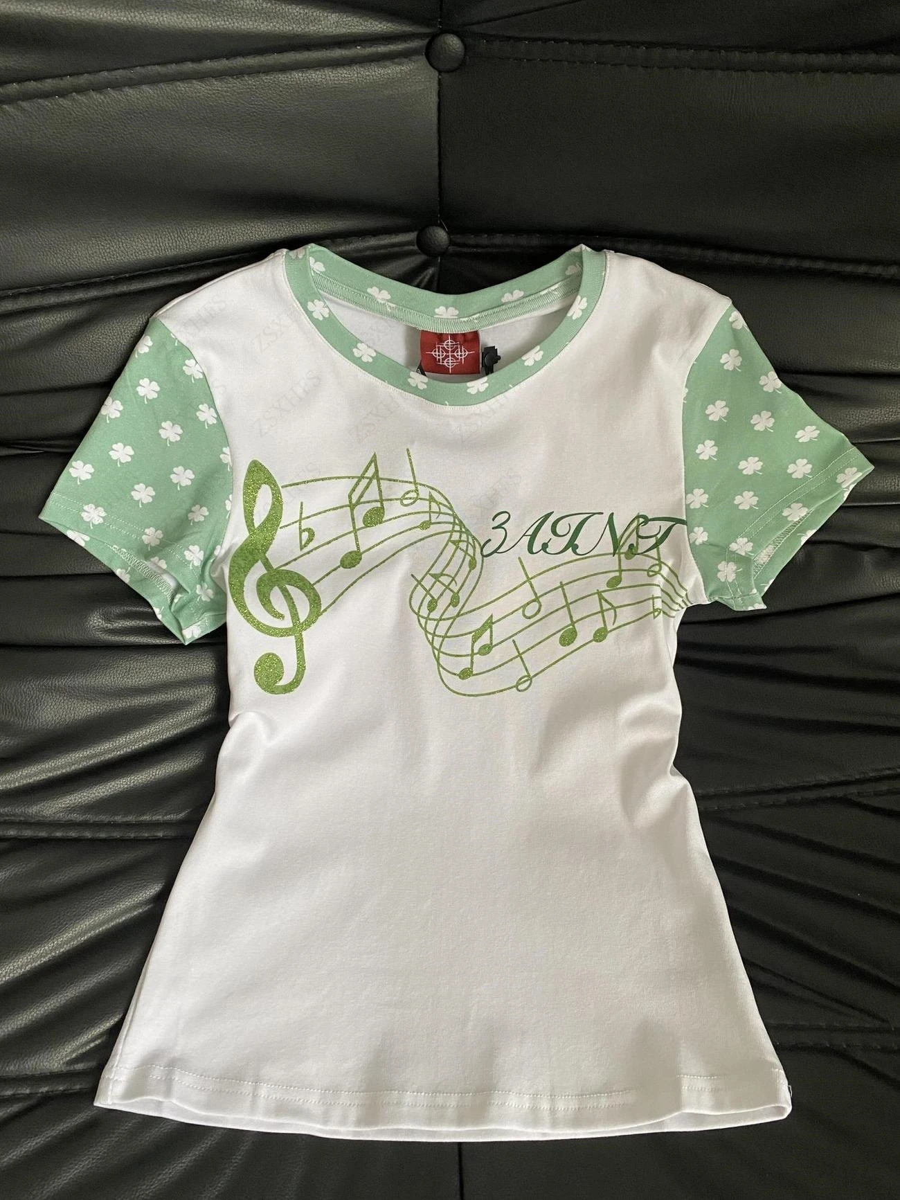 Harajuku Japanese Kawaii Polka Dot T Shirts Women Sweet Girly Clothes Green Subculture Cuteore Crop Top Musical Note Y2k T shirt