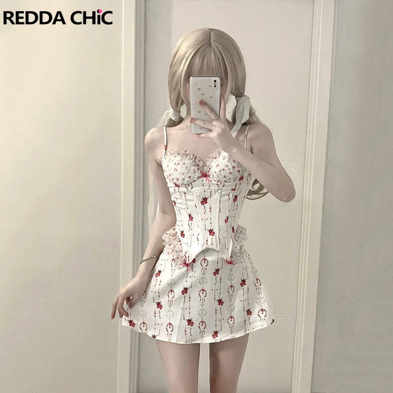 

ReddaChic Coquette Lace Trim Floral Camisole Skirt Set Women Boned Corset Top Draped A-line High Waist Mini Skirt Summer Clothes