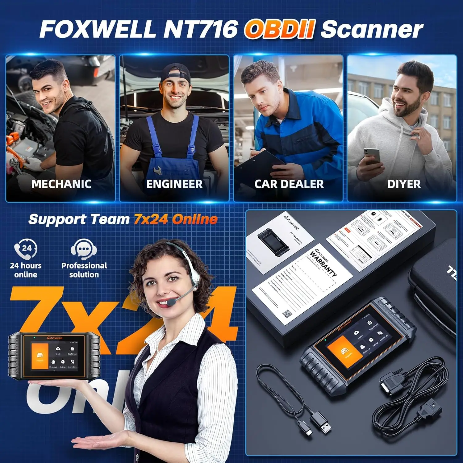 FOXWELL Scanner NT716 OBD2 Scanner 4 System ABS SRS AT Engine Code Reader Scan Tool 9+ Resets Automotive Diagnostic Scanner