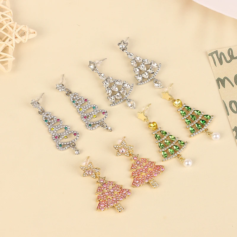 Colorful Sparkling Zircon Christmas Tree Earrings For Women Full Rhinestone Xmas Tree Dangle Earring Girls Holiday Party Jewelry