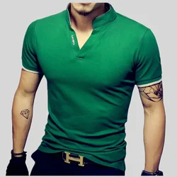 Men's V Neck Polo Shirts 2024 Summer Fashion Solid Short Sleeve T Shirt Men Collar Slim Fit Mens Top Tees Shirt