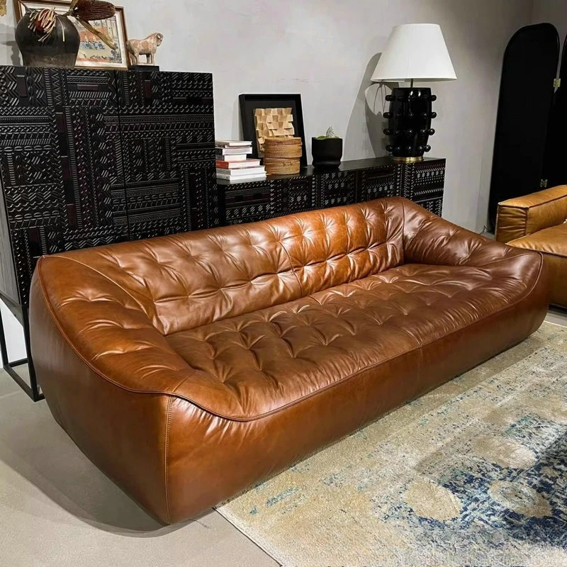 Retro vintage style leather sofa living room inline row no armrests and buttoned villa sofa